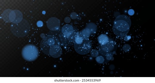 Bokeh, dust sparks and blue stars shine with special light. Vector sparks on black background. Christmas light effect. Sparkling magic dust particles.
