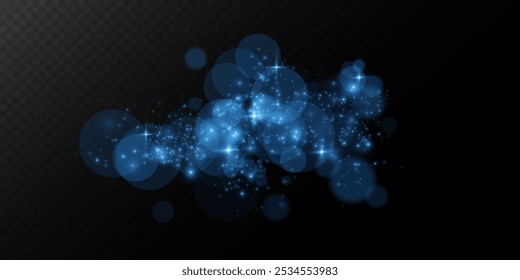 Bokeh, dust sparks and blue stars shine with special light. Vector sparks on black background. Christmas light effect. Sparkling magic dust particles.
