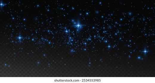 Bokeh, dust sparks and blue stars shine with special light. Vector sparks on black background. Christmas light effect. Sparkling magic dust particles.
