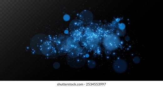 Bokeh, dust sparks and blue stars shine with special light. Vector sparks on black background. Christmas light effect. Sparkling magic dust particles.
