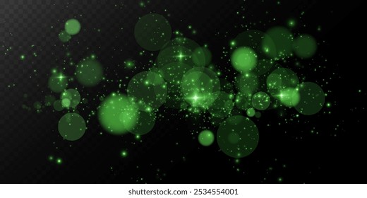 Bokeh, dust sparks and green stars glow with special light. Vector sparks on black background. Christmas light effect. Sparkling particles of magic dust.
