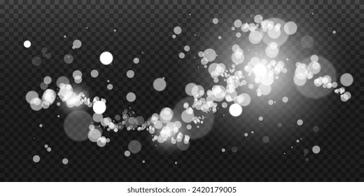 Bokeh, dust sparks and white stars glow with special light. Vector sparks on black background. Christmas light effect. Sparkling magic dust particles.	
