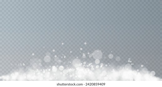 Bokeh, dust sparks and white stars glow with special light. Vector sparks on black background. Christmas light effect. Sparkling magic dust particles.	