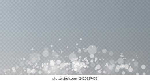 Bokeh, dust sparks and white stars glow with special light. Vector sparks on black background. Christmas light effect. Sparkling magic dust particles.	