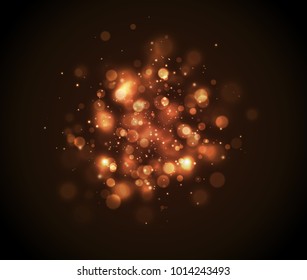 Bokeh effect abstract golden light background. Golden Christmas vector yellow sparkling light explosion backdrop. Shiny volume star dust golden light on black background