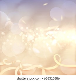 Bokeh effect background. Many lights. Abstract Golden Bright backdrop. Blurred defocused sparkles. Glow design. Lens Flare tender wallpaper. Highlight beam. Glare, Blur, flicker and glow.