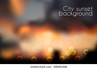 Bokeh effect blurred sunset background. Evening cityscape vector illustration
