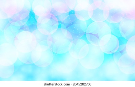 The bokeh effect. Bright blue background with circles of different shapes and colors. Winter background.