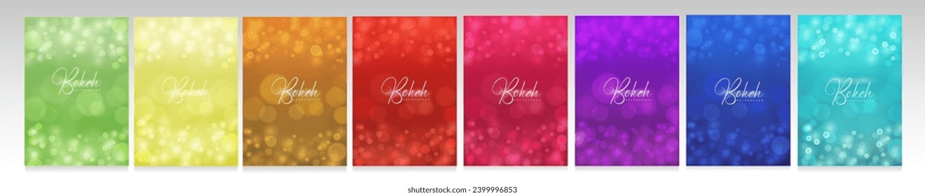 Bokeh effect cover set. Sparkling colorfull backgrounds. Blurred, bright and magical brochure for business, technology, holiday and special event.