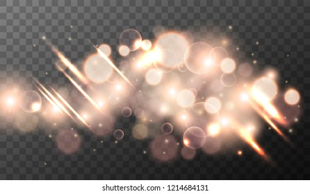 Bokeh effect. Defocused light elements with sparks on transparent background
