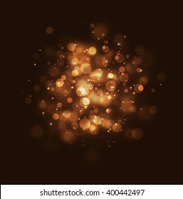 Bokeh effect golden light background. Golden Christmas concept. Vector yellow sparkling light explosion backdrop. Shiny volume star dust golden light on black background