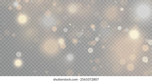 Bokeh effect with many shiny shimmering particles isolated on transparent background. Glitter bokeh for web design and illustrations.