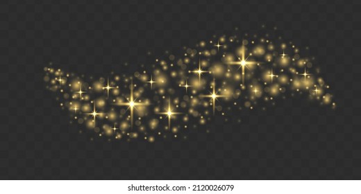 Bokeh effect. The sparkles with sparkling magical dust particles. Yellow dust sparks and golden stars shine. Xmas flash gold light on transparent background. Christmas pattern. Vector illustration.