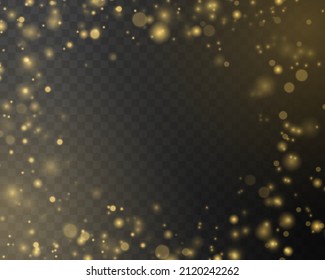 Bokeh effect. The sparkles with sparkling magical dust particles. Yellow dust sparks and golden stars shine. Xmas flash gold light on transparent background. Christmas pattern. Vector illustration.
