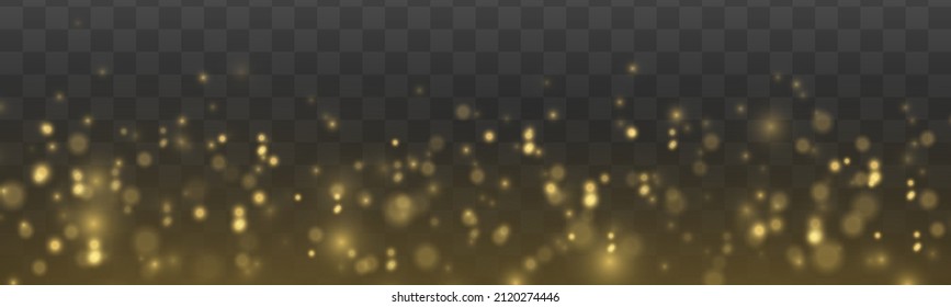 Bokeh effect. The sparkles with sparkling magical dust particles. Yellow dust sparks and golden stars shine. Xmas flash gold light on transparent background. Christmas pattern. Vector illustration.