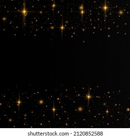 Bokeh effect. The sparkles with sparkling magical dust particles. Yellow dust sparks and golden stars shine. Xmas flash gold light on transparent background. Christmas pattern. Vector illustration.