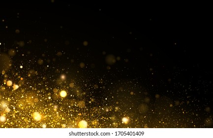  Effet flou. Texture brillante et élégante pour Noël. Étincelle de particules magiques de poussière jaune doré. Concept magique en or. Arrière-plan noir abstrait    Image vectorielle