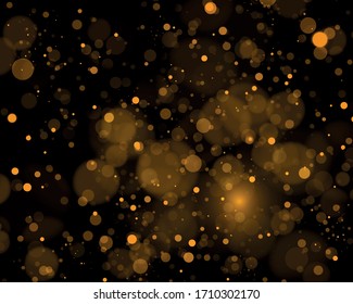 Bokeh effect. Texture glitter and elegant for Christmas. Sparkling magical gold yellow dust particles. Magic golden concept. Abstract black background Vector