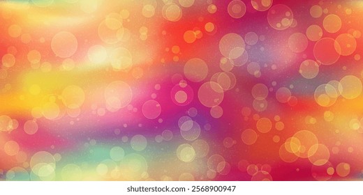 Bokeh effects and overlays in a seamless pattern on a rainbow festive, sparkling bg. Red, yellow and blue abstract background with noise. Wallpaper that sparkles