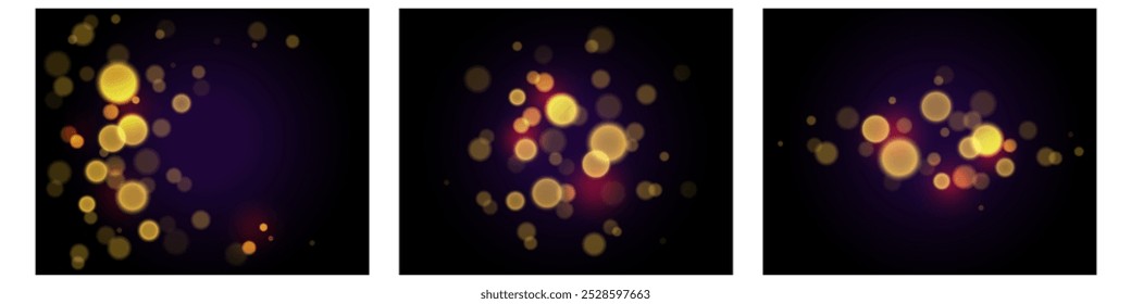 Efeitos de Bokeh definidos em cores amarelas no plano de fundo gradiente roxo escuro 