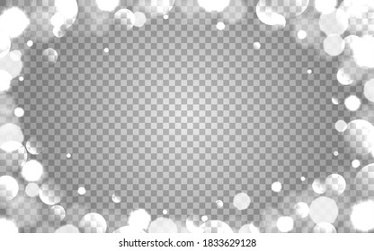 Efecto del marco Bokeh. Decoración navideña sobre fondo transparente. Borde plateado con elementos desenfocados. Plantilla festiva. Brillante para una tarjeta de saludo. Ilustración vectorial.