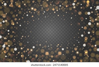 Bokeh frame. Gold blurred border. Christmas shining template. Bright circles for greeting card or invitation. Abstract lens flares on transparent background. Vector illustration.