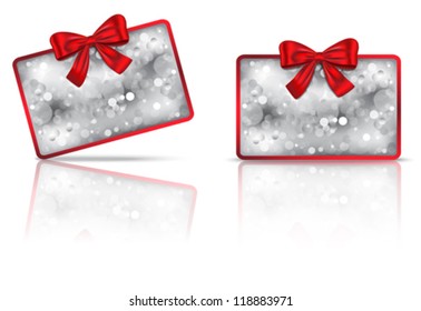 Bokeh gift cards with red bow and reflection. Ribbon. Vector illustration