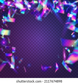 Bokeh Glare. Light Confetti. Blur Prism. Falling Background. Glitter Foil. Metal Christmas Template. Bright Art. Purple Retro Effect. Violet Bokeh Glare