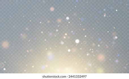 Bokeh glow background of sparkling dust, gold dust light, background with bokeh light effect, yellow shimmering glow with bokeh and glitter light. Vector	
