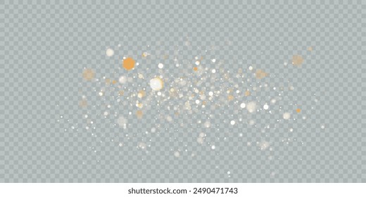Bokeh glow background of sparkling dust, gold dust light, background with bokeh light effect, yellow shimmering glow with bokeh and glitter light. Vector