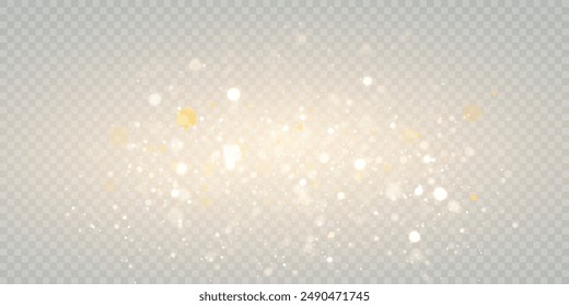 Bokeh glow background of sparkling dust, gold dust light, background with bokeh light effect, yellow shimmering glow with bokeh and glitter light. Vector