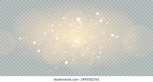 Bokeh glow background of sparkling dust, gold dust light, background with bokeh light effect, yellow shimmering glow with bokeh and glitter light. Vector	