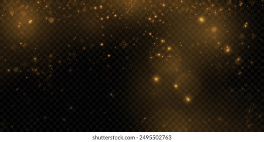 Bokeh glow background of sparkling dust, gold dust light, background with bokeh light effect, yellow shimmering glow with bokeh and glitter light. Vector	