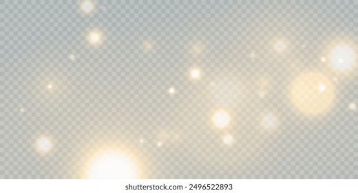 Bokeh glow background of sparkling dust, gold dust light, background with bokeh light effect, yellow shimmering glow with bokeh and glitter light. Vector