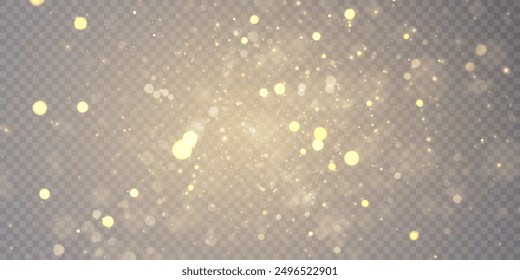 Bokeh glow background of sparkling dust, gold dust light, background with bokeh light effect, yellow shimmering glow with bokeh and glitter light. Vector