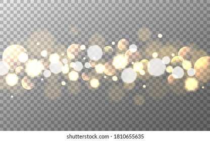 Bokeh de oro sobre fondo transparente. Círculos de gradiente suave y burbujas. Elementos lisos brillantes. Espuelas borrosas realistas. Efecto ligero aislado. Ilustración vectorial.