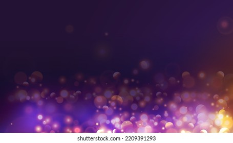 Bokeh with golden flashes light on purple background. Vector luxury design for banner, poster or holiday card decoration.