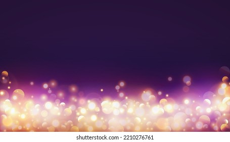 Bokeh with golden flashes light on purple background. Vector luxury design for banner, poster or holiday card decoration.