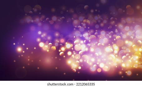 Bokeh with golden flashes light on purple background. Vector luxury design for banner, poster or holiday card decoration.