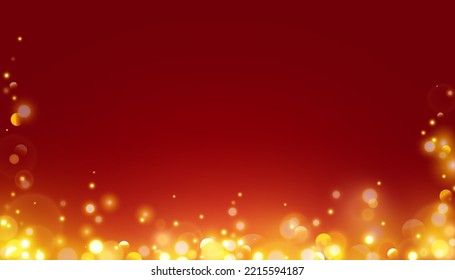 Bokeh with golden flashes light on red background. Vector luxury design for banner, poster or holiday card decoration.