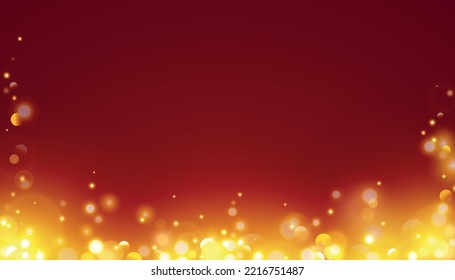 Bokeh con destellos dorados iluminan el fondo rojo. Diseño de lujo vectorial para decoración de carteles, afiches o tarjetas de vacaciones.