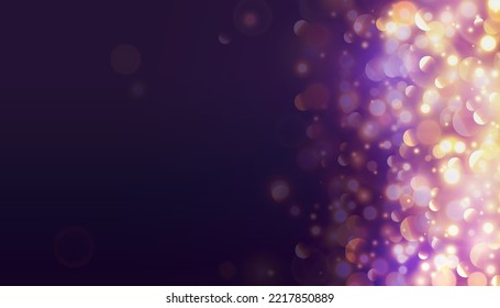 Bokeh with golden flashes light on purple background. Vector luxury design for banner, poster or holiday card decoration.