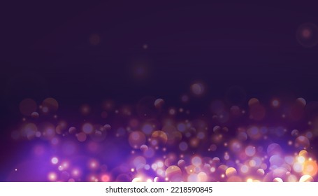 Bokeh with golden flashes light on purple background. Vector luxury design for banner, poster or holiday card decoration.