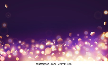 Bokeh with golden flashes light on purple background. Vector luxury design for banner, poster or holiday card decoration.