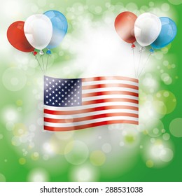 Bokeh of green forest with sunlight, US-flag and baloons. Eps 10 vector file.