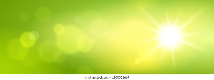 bokeh green lights with radiating sunlight - Spring background