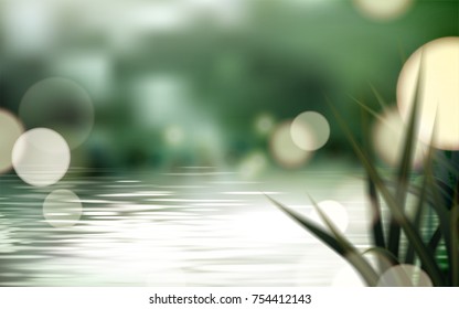 Bokeh lake or pond scene, refreshing nature background with glittering spots and grass in 3d illustration