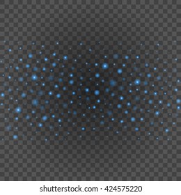 Bokeh light blue sparkles on transparency background vector illustration. Glowing glittering particles element for special Effects. Abstract design.