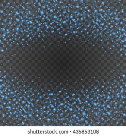 Bokeh light blue sparkles on transparency background vector illustration. Glowing glittering particles element for special Effects. Abstract design.