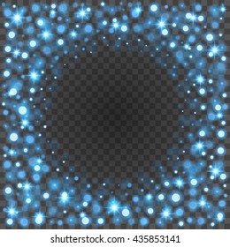 Bokeh light blue sparkles on transparency background vector illustration. Glowing glittering particles element for special Effects. Abstract design.